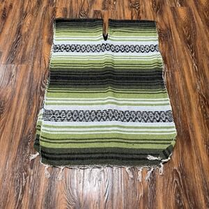 Traditional Mexican Poncho Green Black Size Small Blanket Serape Woven 35" X 24"